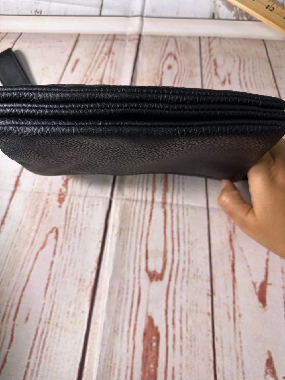 Olivia + Joy Black Pebbled Leather Wristlet Clutch with Gold Logo